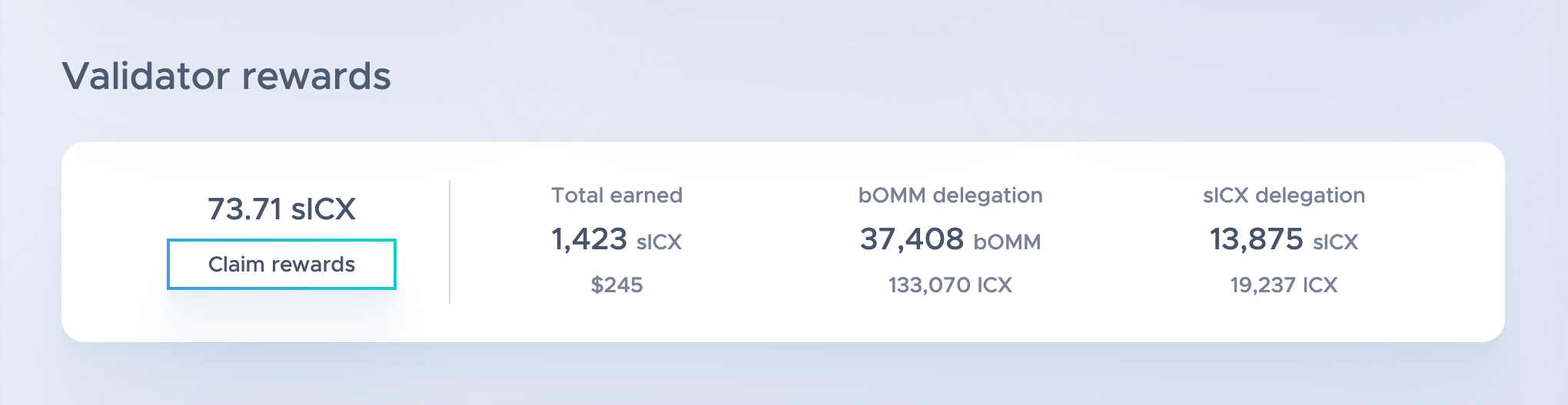 The Validator Rewards section, showing a space to claim rewards, view total income earned, and your bOMM + sICX delegation.